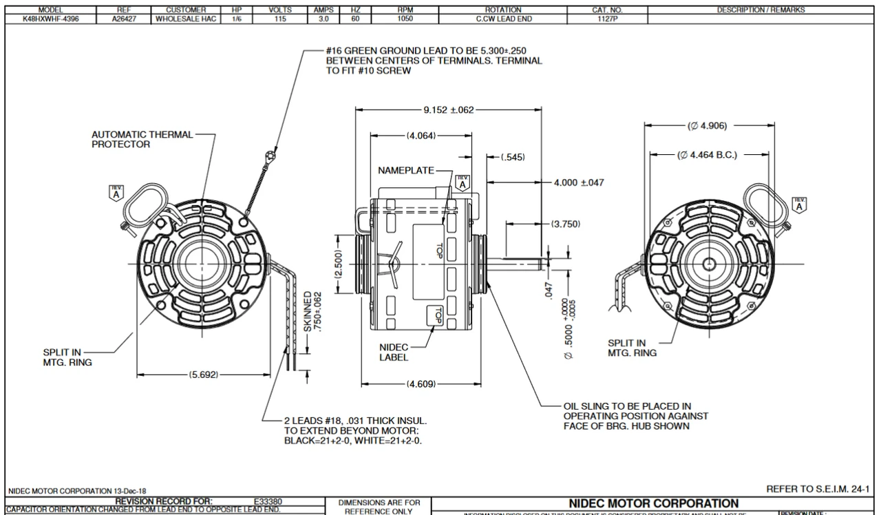 1127P Nidec 1/6 Hp 1050 RPM 115V 5.0" Dia. (No Base) 1-Speed OAO Fan Motor - Image 2