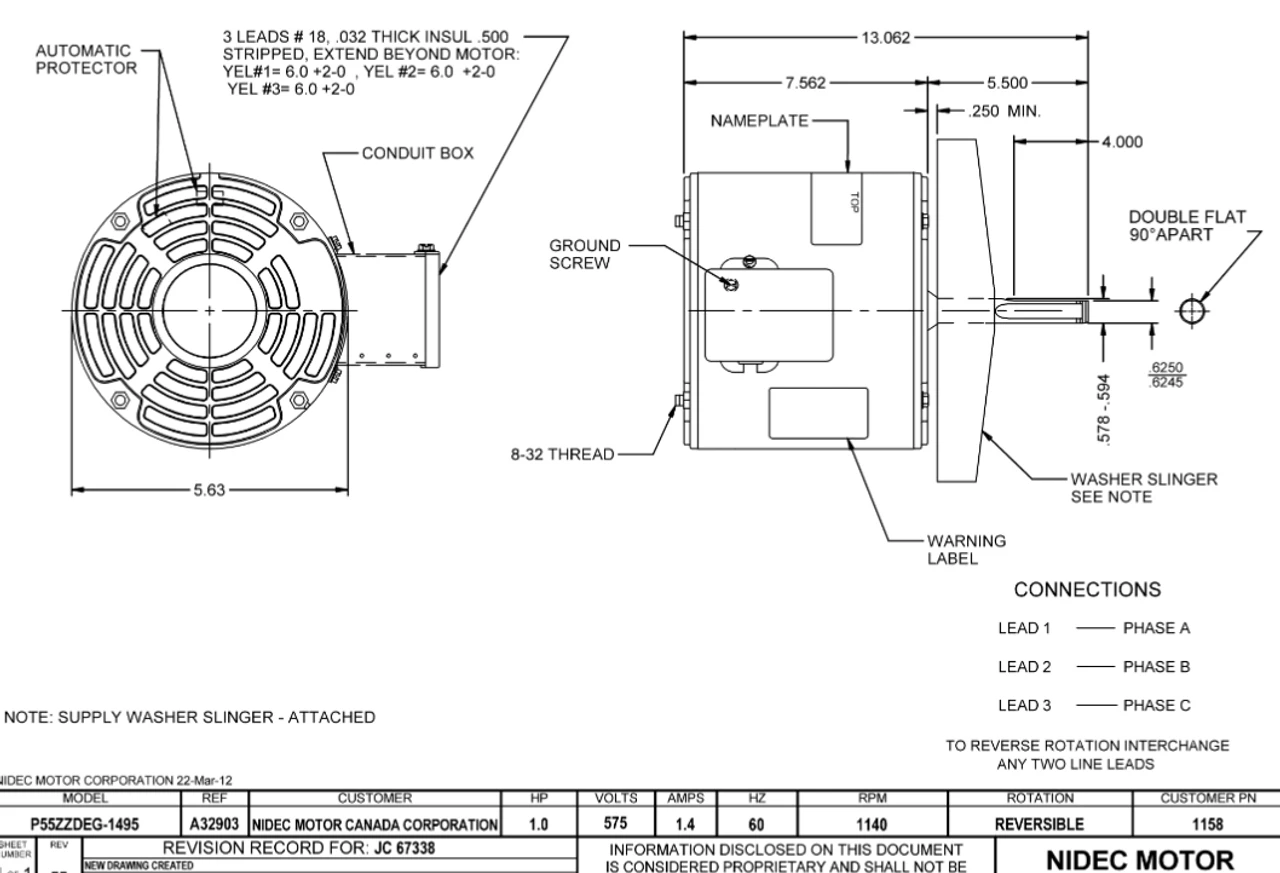 1158 Nidec 1 Hp 1140 RPM 575V 5.6" Dia (No Base) 1-Speed OAO 3-Phase Commercial Condenser Motor - Image 2