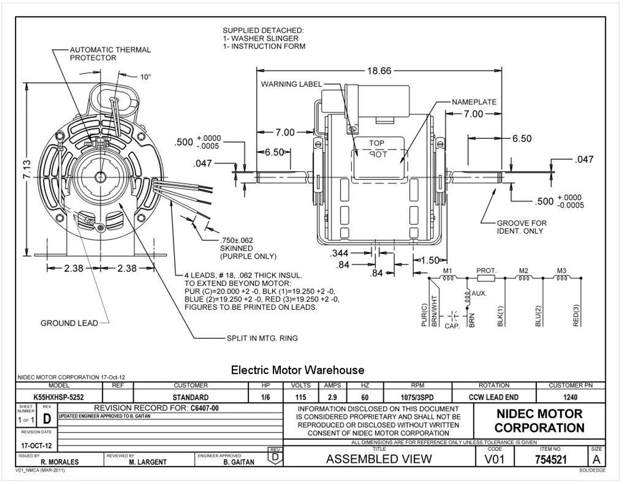 1240 Nidec | 1/6 Hp 1075 RPM 3-Speed 5 5/8" 115V Direct Drive Furnace Motor - Image 2