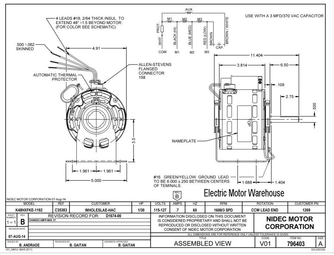 1269 Nidec | 1/30 Hp 1600 RPM 3-Speed 115-127V; 5" Blower Motor - Image 2