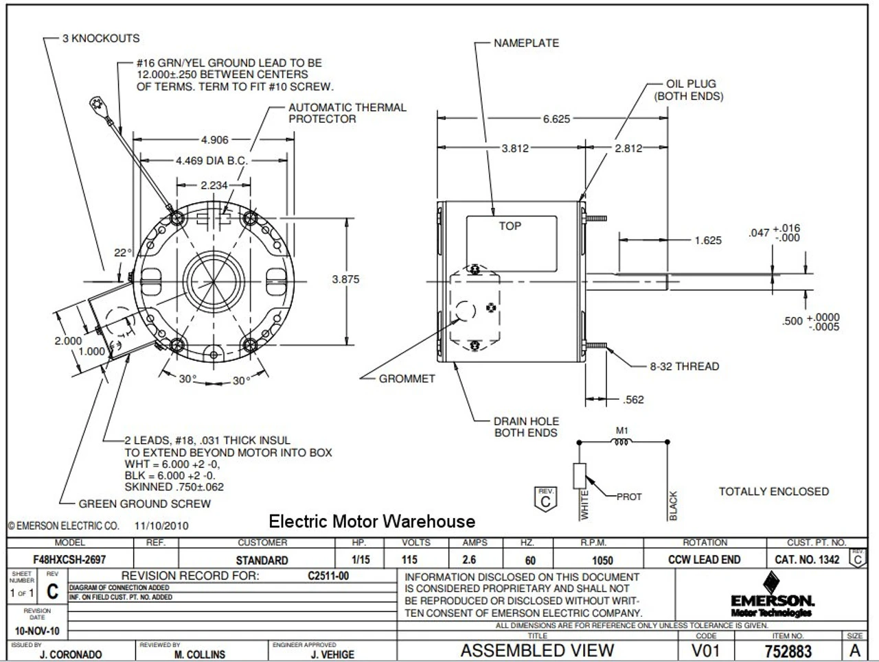 1342 Nidec | 1/15 Hp 1050 RPM 1-Speed 115V; 5.0" Blower Motor - Image 2