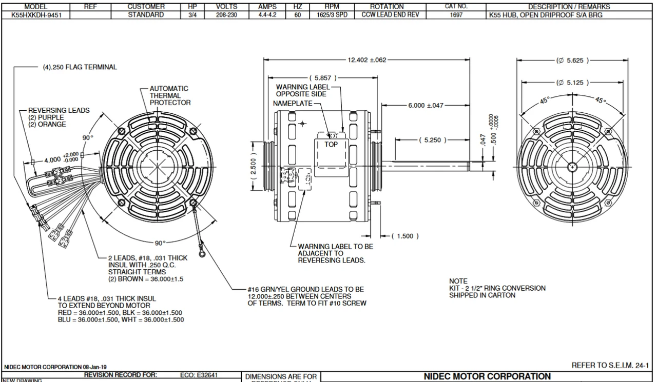 1697 Nidec 3/4 Hp 1625 RPM 208-230V 5.6" Dia. (No Base) 3-Speed OAO Fan Motor - Image 2