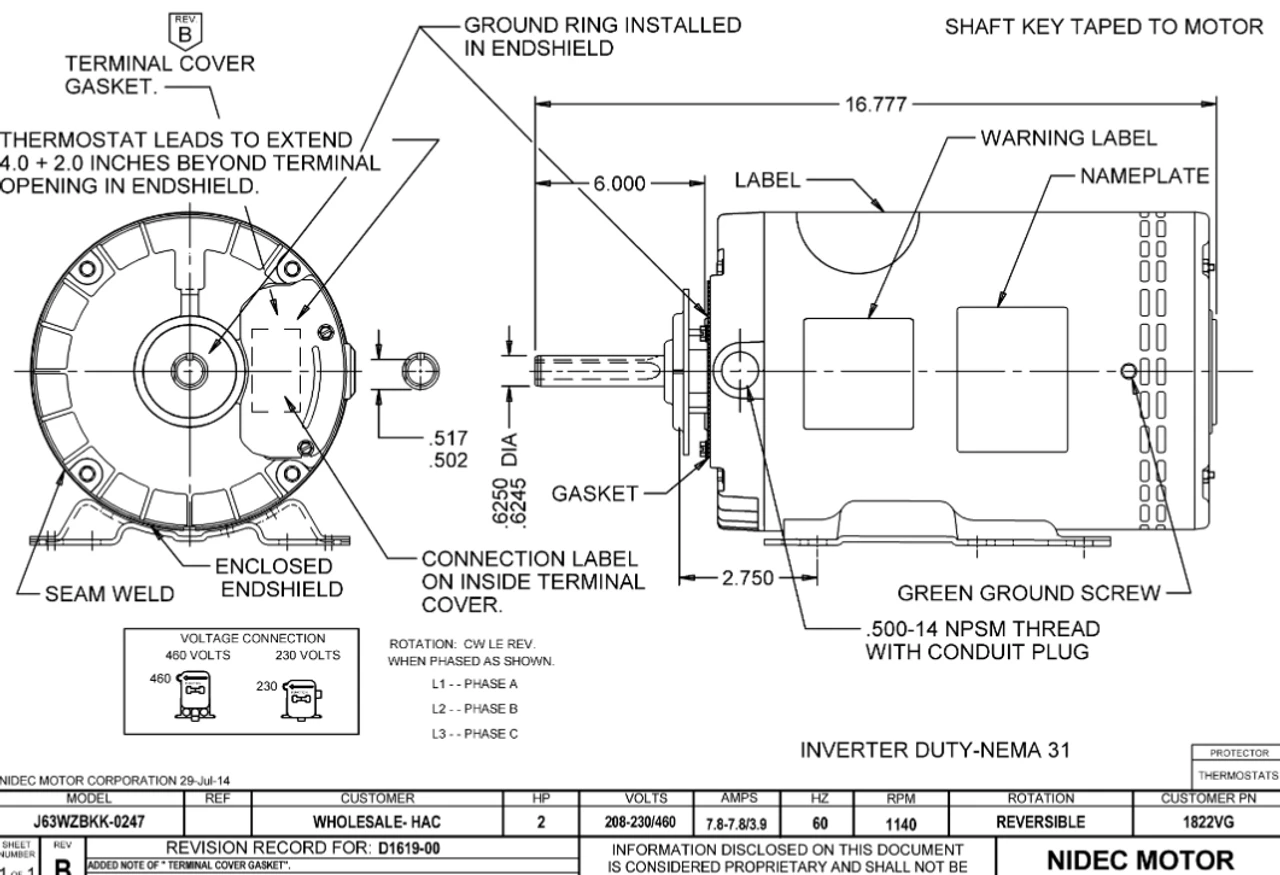 1822VG Nidec 2 Hp 1140 RPM 208-230/460V 56YZ Frame (Rigid Base) 1-Speed OAO 3-Phase Inverter Motor - Image 2