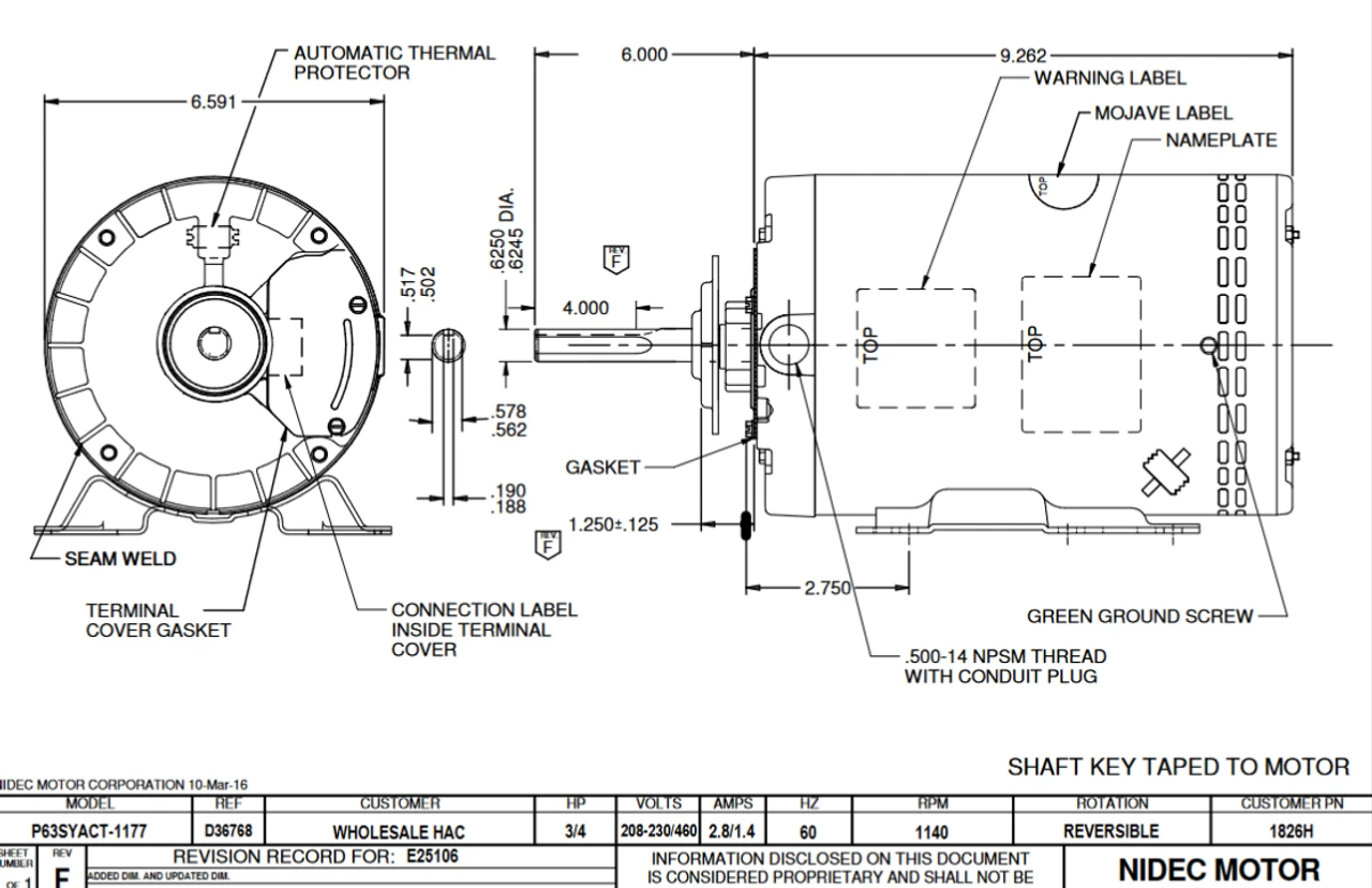 1826H Nidec 3/4 Hp 1140 RPM 208-230/460V 56Z Frame (Rigid Base) 1-Speed OAO 3-Phase Commercial Motor - Image 2