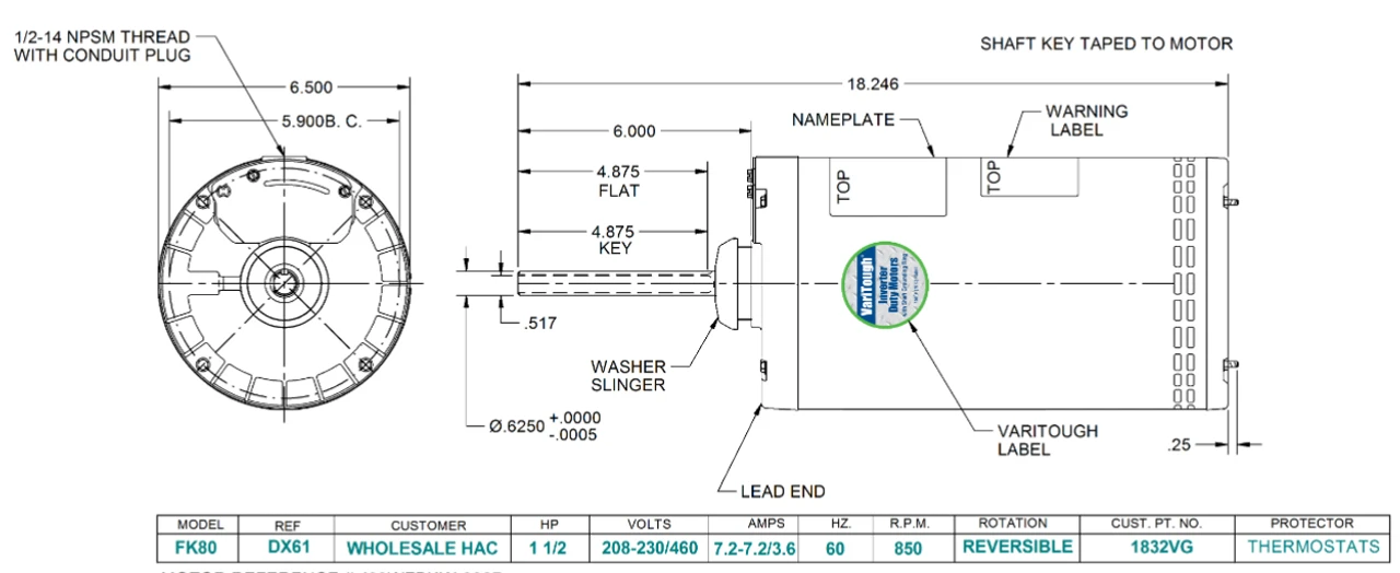 1832VG Nidec 1 1/2 Hp 835 RPM 208-230/460V 56YZ Frame (No Base) 1-Speed OAO 3-Phase Inverter Motor - Image 2