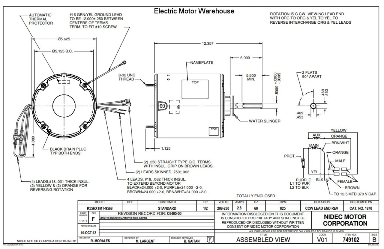 1870 Nidec | 1/2 Hp 825 RPM 1-Speed 208-230V; 5.6" Condenser Motor - Image 2