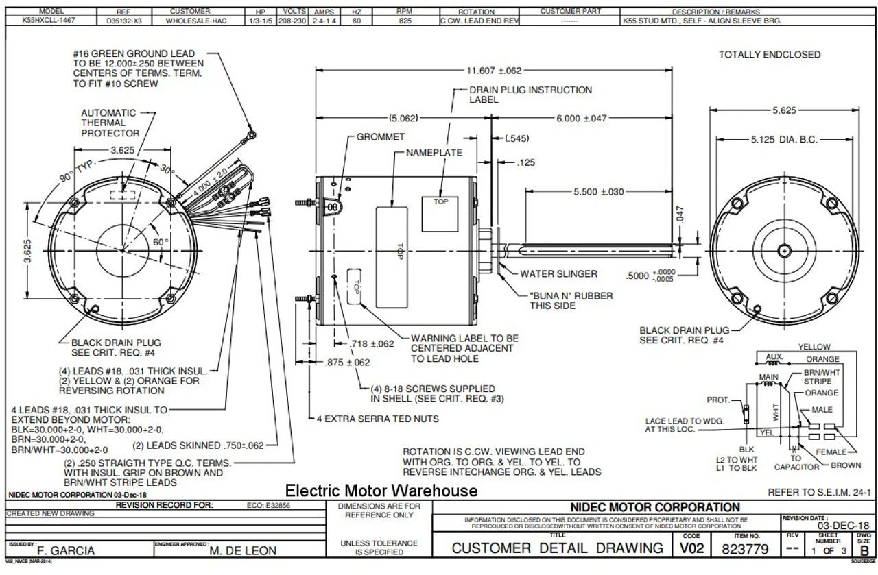 1875 Nidec | 1/3-1/5 Hp 825 RPM 1-Speed 208-230V; 5.6" Condenser Motor - Image 2
