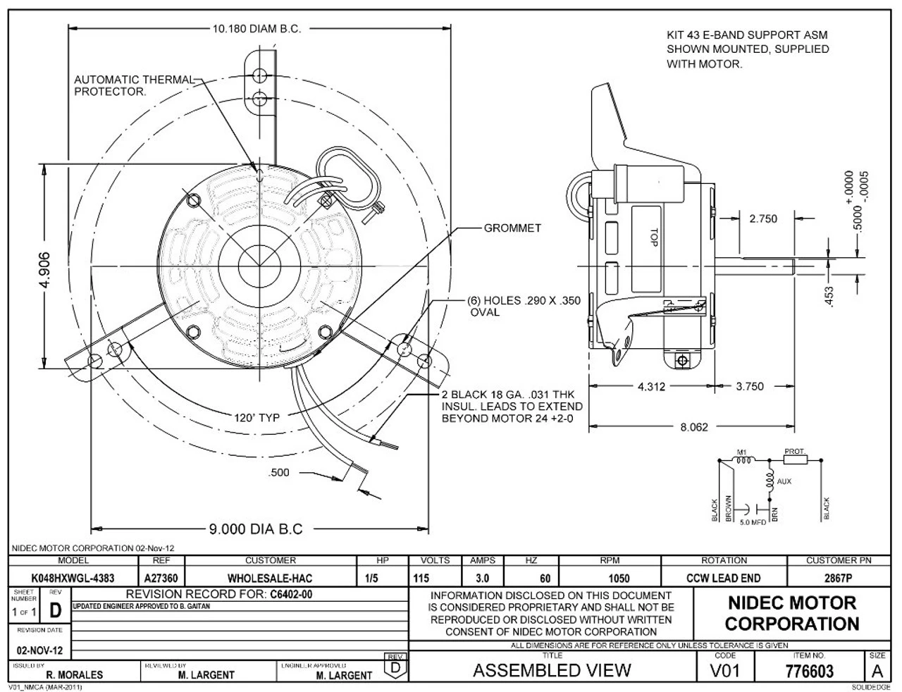 2867P Nidec | 1/5 Hp 1050 RPM 1-Speed 115V; 5" Blower Motor 4 2867P Nidec | 1/5 Hp 1050 RPM 1-Speed 115V; 5" Blower Motor - Image 2