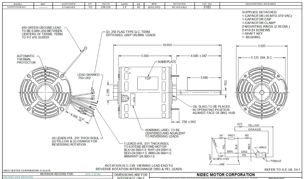 3183 Nidec 1/2 Hp 1625 RPM 230V 5.6" Dia. (No Base) 2-Speed OAO Fan Motor 4 3183 Nidec 1/2 Hp 1625 RPM 230V 5.6" Dia. (No Base) 2-Speed OAO Fan Motor - Image 2