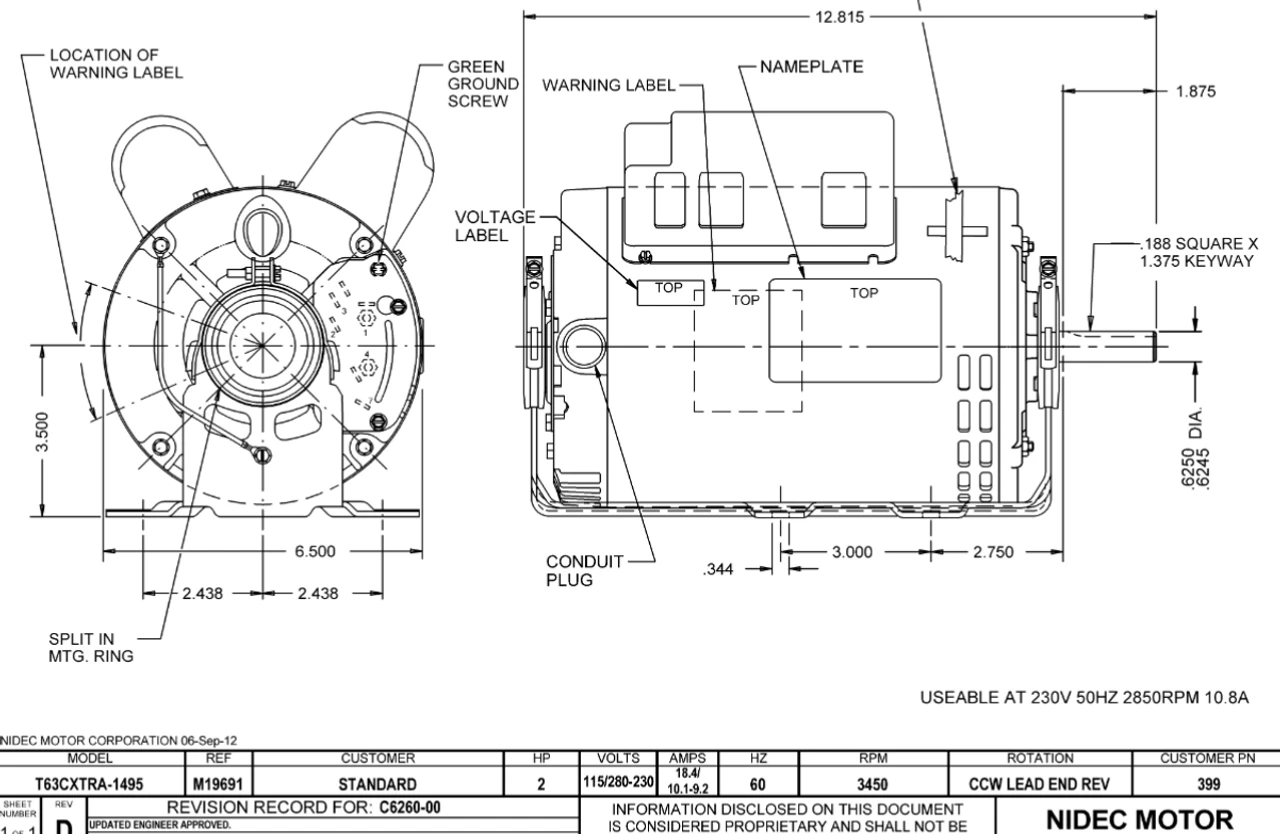 399 Nidec 1 1/2 Hp 3600 RPM 115/208-230V 5.6" Dia. (Base) 1-Speed ODP Belt Drive Motor - Image 2