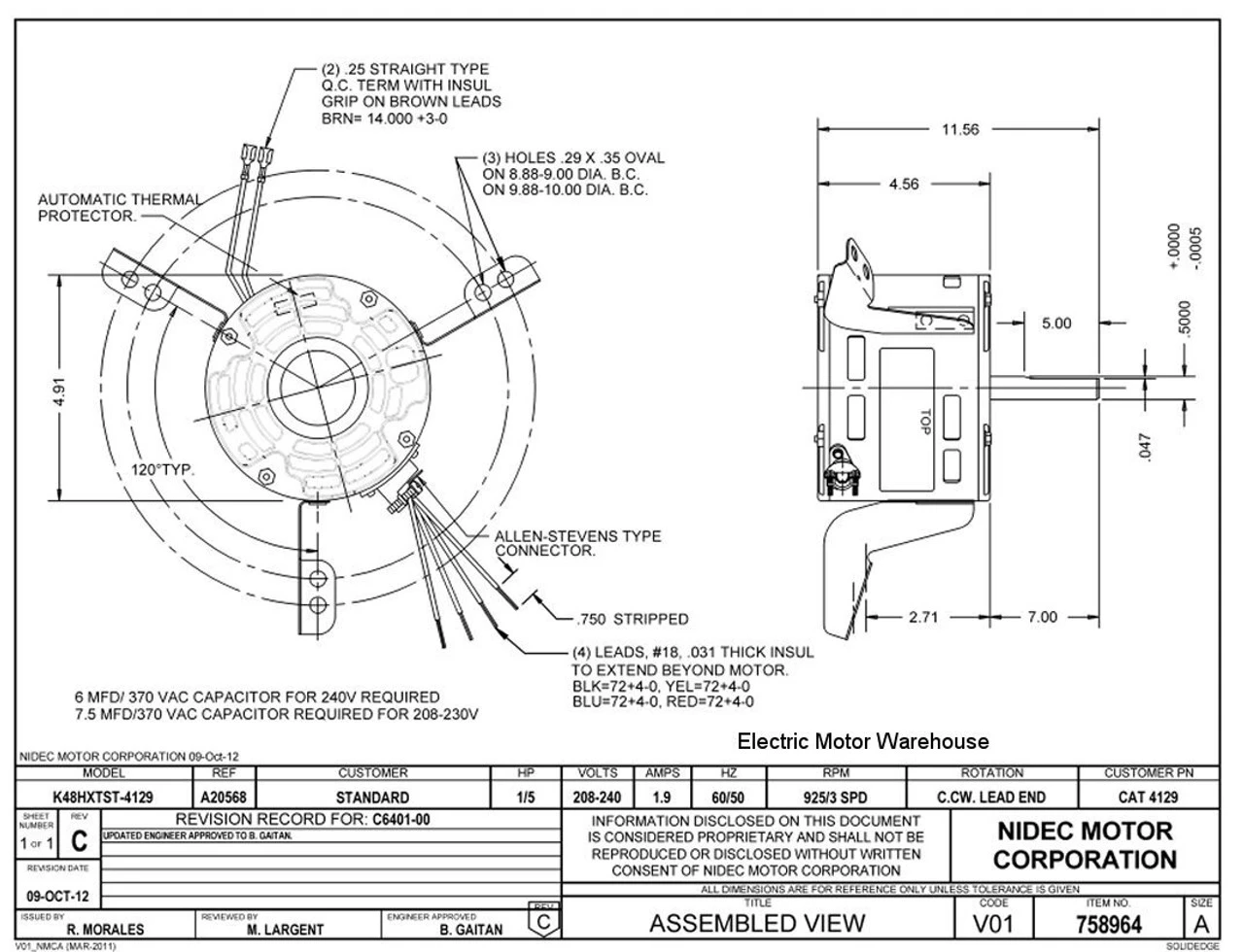 4129 Nidec | 1/5 Hp 925 RPM 3-Speed 208-240V; 5" Blower Motor 4 4129 Nidec | 1/5 Hp 925 RPM 3-Speed 208-240V; 5" Blower Motor - Image 2