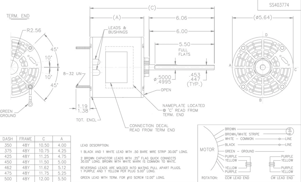 X441 Marathon 1/4 Hp 208-230V 1075 RPM OPAO Shaft Down 48Z Frame Condenser Fan Motor - Image 3