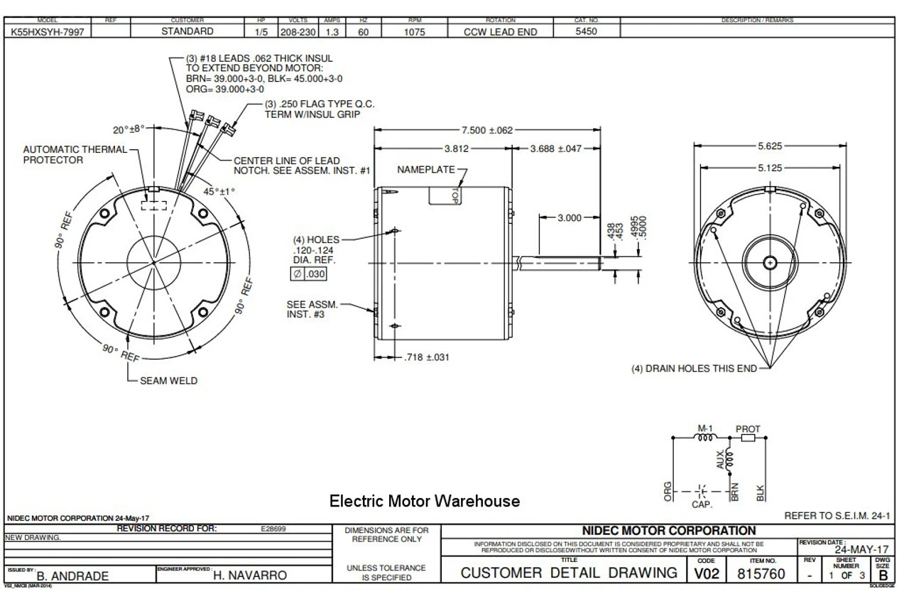 5450 Nidec | 1/6 Hp 825 RPM 1-Speed 208-230V; 5.6" Blower Motor - Image 3