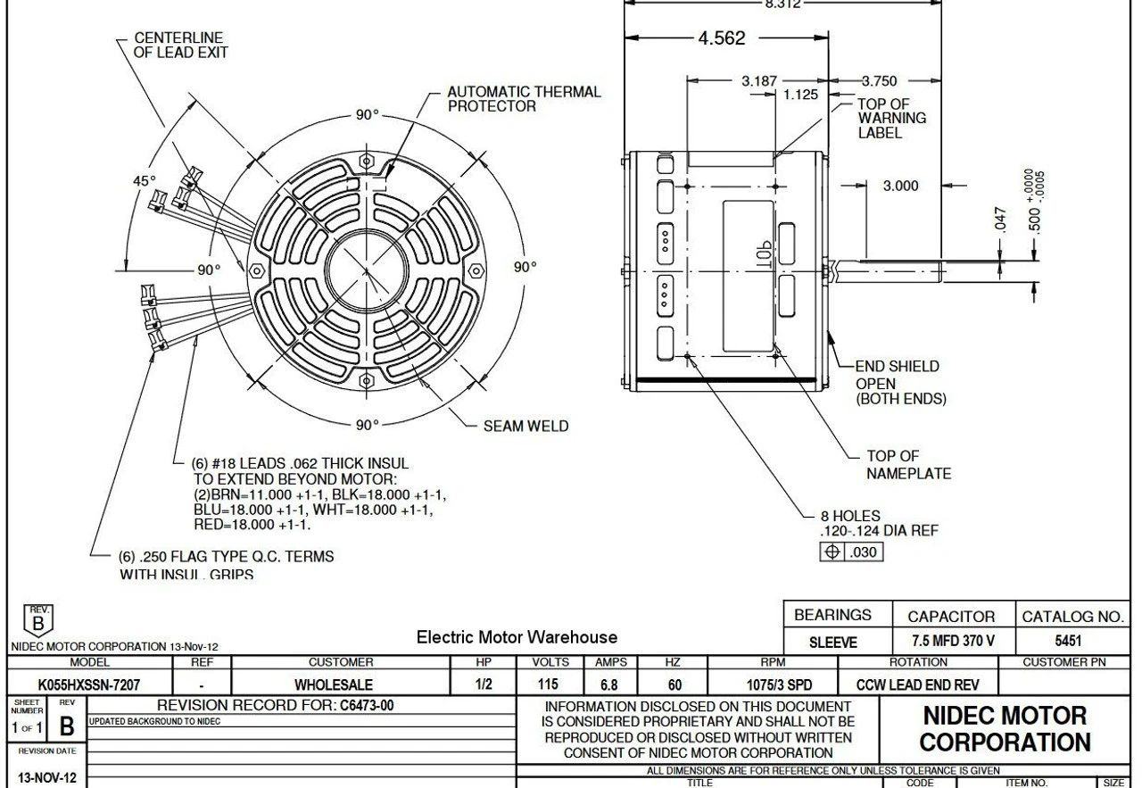 5451 Nidec | 1/2 Hp 1075 RPM 3-Speed 115V; 5.6" Blower Motor 5 5451 Nidec | 1/2 Hp 1075 RPM 3-Speed 115V; 5.6" Blower Motor - Image 3