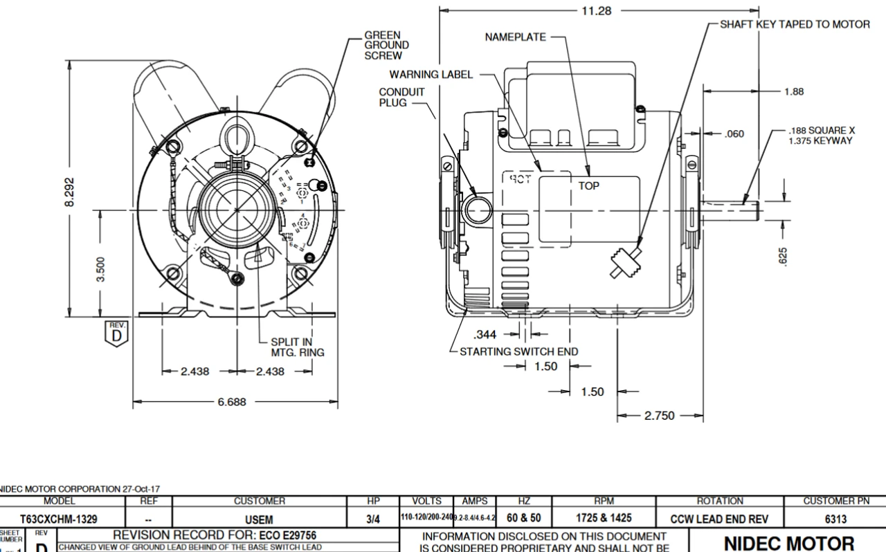 6313 Nidec 3/4 Hp 1800 RPM 100-120/200-240V 5.6" Dia. (Base) 1-Speed ODP Belt Drive Motor 4 6313 Nidec 3/4 Hp 1800 RPM 100-120/200-240V 5.6" Dia. (Base) 1-Speed ODP Belt Drive Motor - Image 2