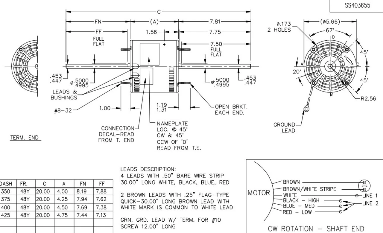 X065 Marathon 1/8 Hp 208-230V 1075 RPM (3 Speed) OPAO 48Y Frame Double-Shaft Blower Motor - Image 4