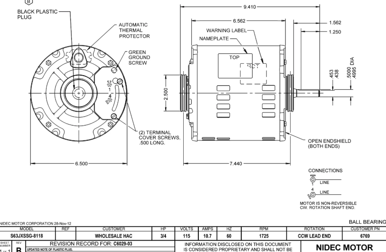 6769 Nidec 3/4 HP 1800 RPM 115V 56 Frame ODP Evaporative Cooler Motor - Image 2