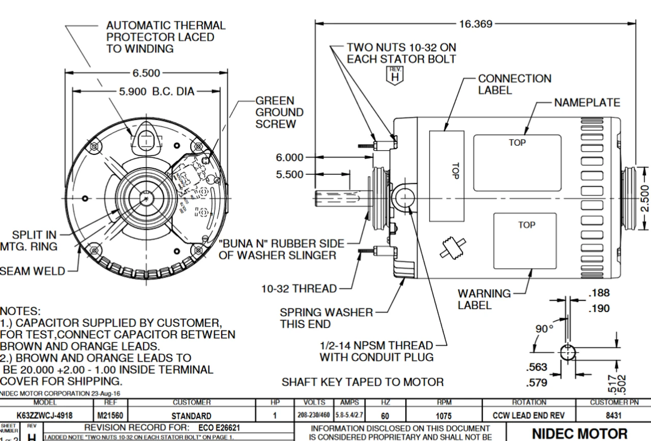 8431 Nidec 1 Hp 1075 RPM 208-230/460V 6.5" Dia. (No Base) 1-Speed OAO Condenser Motor - Image 2