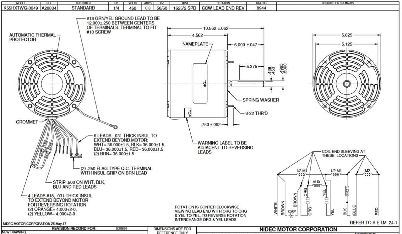 8944 Nidec 1/4 Hp 1625 RPM 460V 5.6" Dia. (No Base) 2-Speed OAO Fan Motor - Image 2