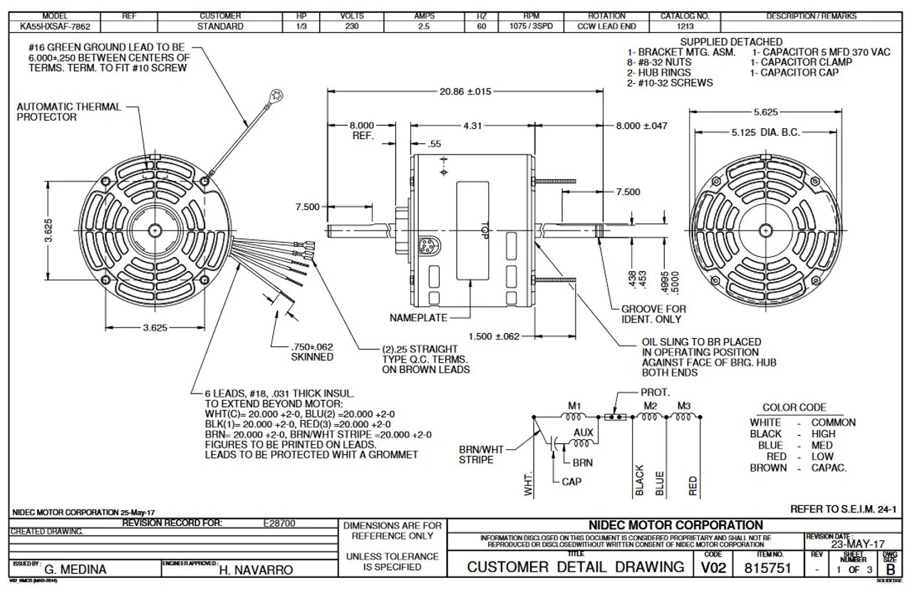 1213 Nidec | 1/3 Hp 1075 RPM 3-Speed 230V; 5.6" Blower Motor - Image 2