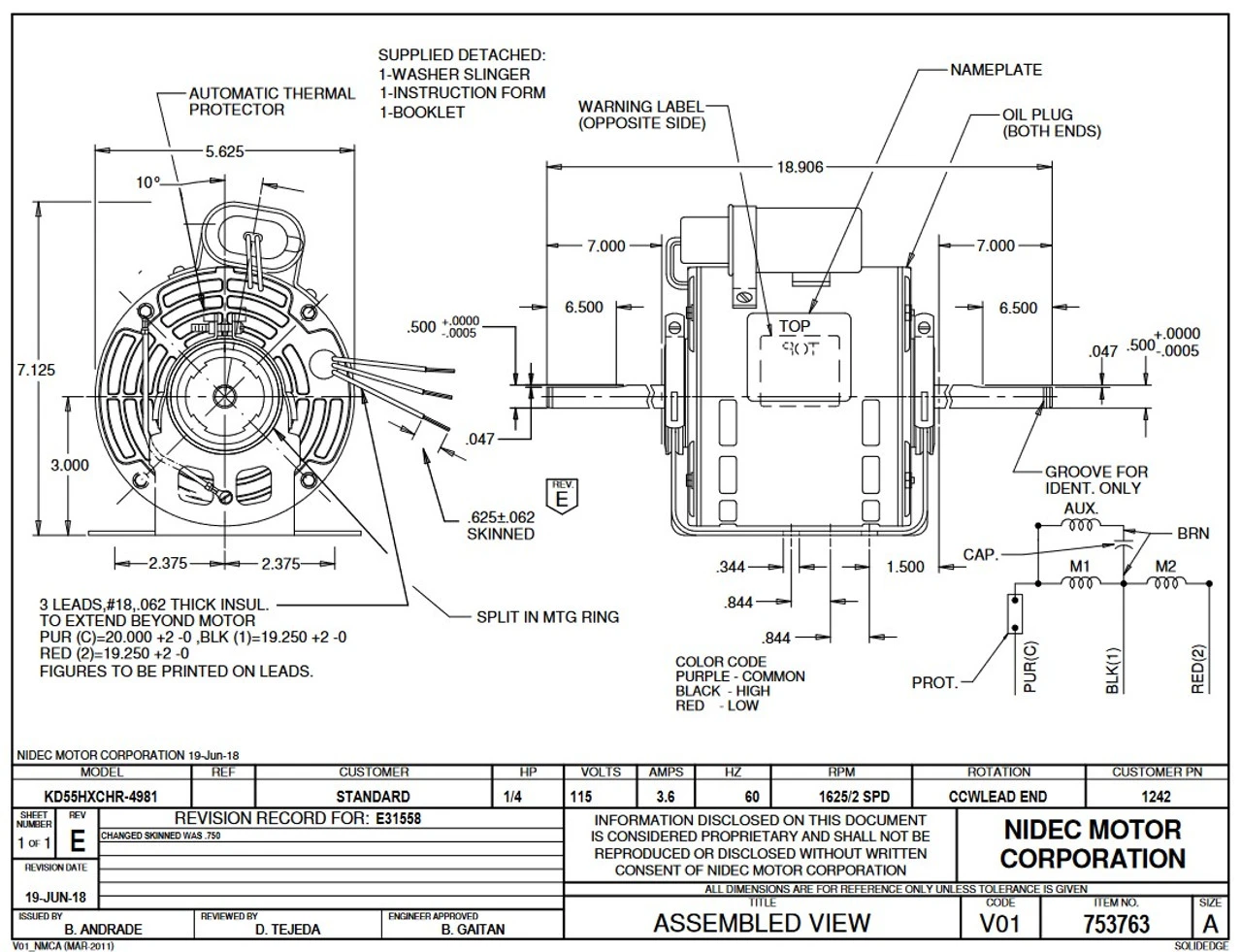 1242 Nidec | 1/4 Hp 1625 RPM 2-Speed 115V; 5.6" Blower Motor - Image 2