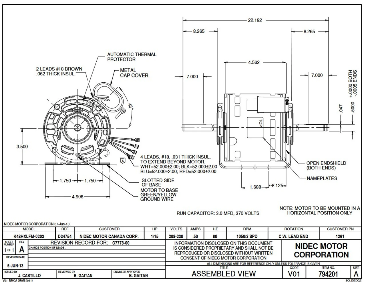 1261 Nidec | 1/15 Hp 1050 RPM 3-Speed 208-230V; 5.0" Blower Motor 4 1261 Nidec | 1/15 Hp 1050 RPM 3-Speed 208-230V; 5.0" Blower Motor - Image 2