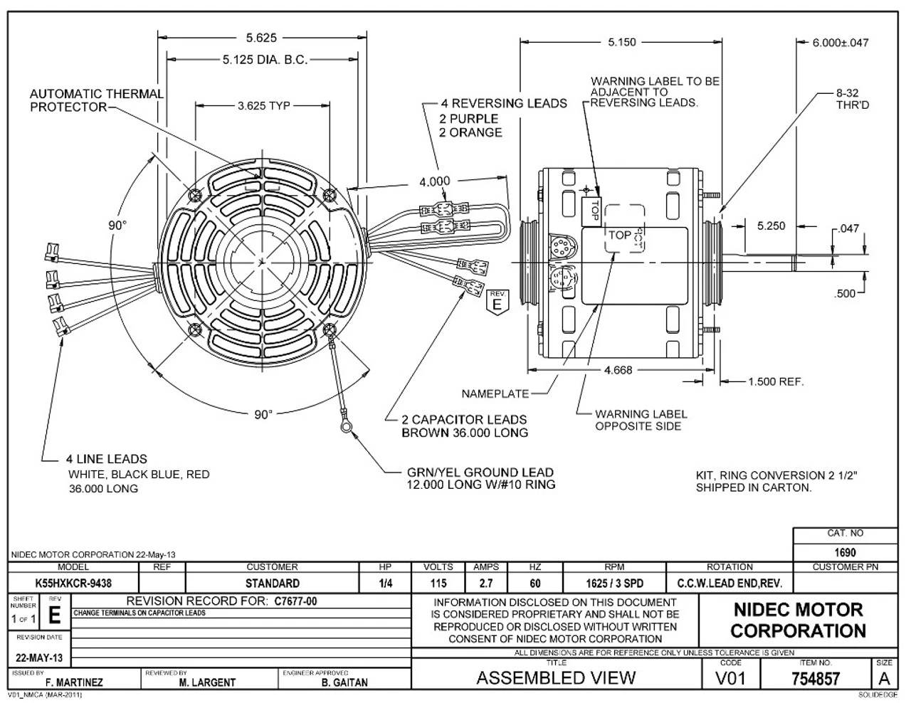 1690 Nidec | 1/4 Hp 1625 RPM 3-Speed 115V; 5.6" Blower Motor 4 1690 Nidec | 1/4 Hp 1625 RPM 3-Speed 115V; 5.6" Blower Motor - Image 2