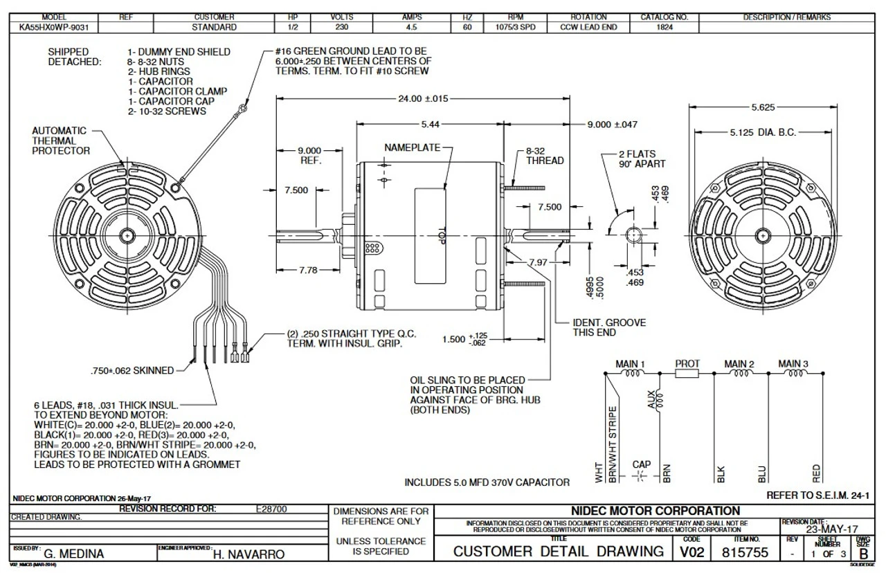 1824 Nidec | 1/2 Hp 1075 RPM 3-Speed 230V; 5.6" Blower Motor - Image 2