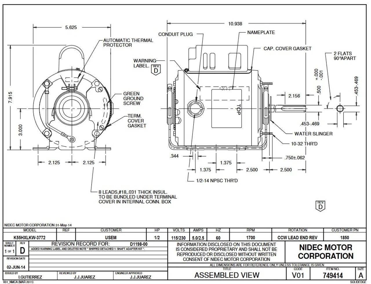 1850 Nidec | 1/4 Hp 1725 RPM 1-Speed 115V; 6.5" Blower Motor - Image 2
