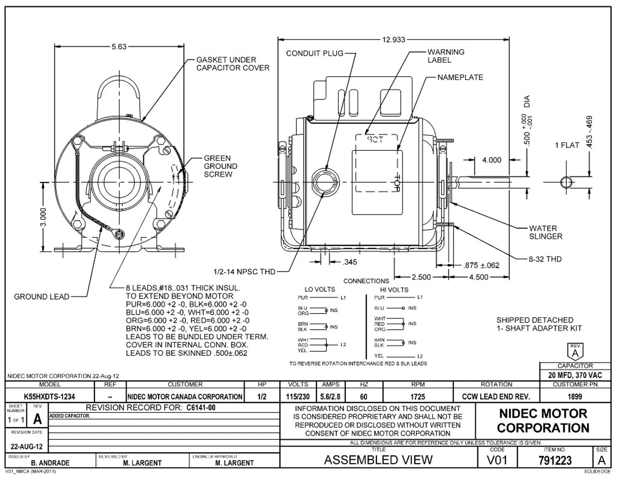 1899 Nidec | 1/2 Hp 1725 RPM 1-Speed 115/230V; 5.6" Blower Motor 4 1899 Nidec | 1/2 Hp 1725 RPM 1-Speed 115/230V; 5.6" Blower Motor - Image 2