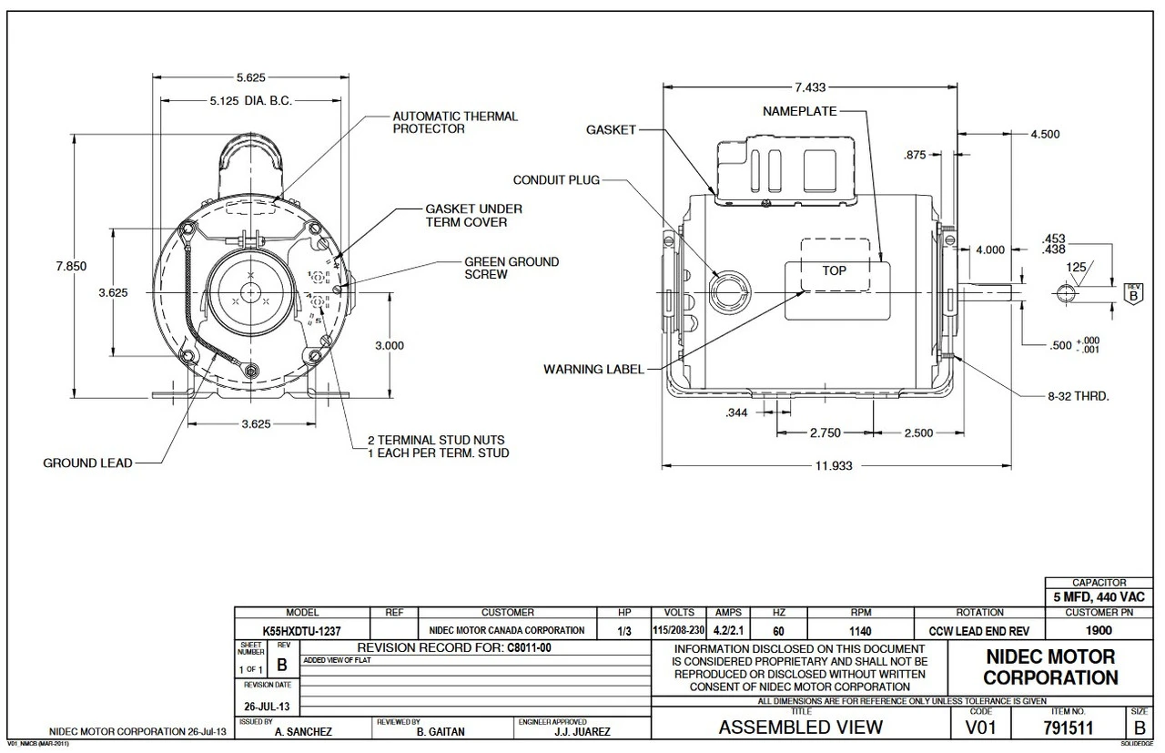 1900 Nidec | 1/3 Hp 1130 RPM 1-Speed 115-208/230V; 5.6" Blower Motor 4 1900 Nidec | 1/3 Hp 1130 RPM 1-Speed 115-208/230V; 5.6" Blower Motor - Image 2