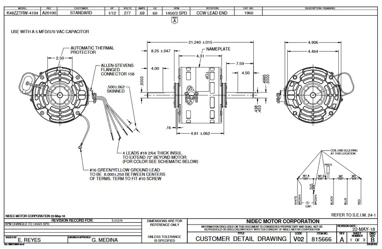 1960 Nidec | 1/3 Hp 1150 RPM 3-Speed 277V; 5" Blower Motor - Image 2