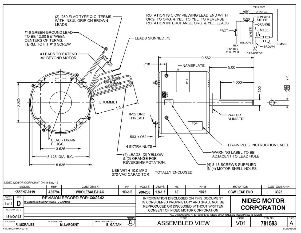 3322 Nidec | 1/3 Hp 1075 RPM 1-Speed 208-230V; 5.6" Condenser Motor - Image 2