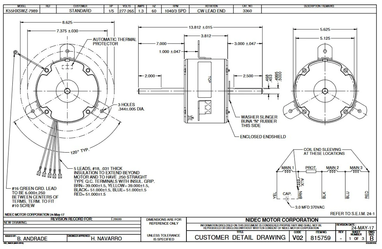 3360 Nidec | 1/5 Hp, 1040 RPM 3-Speed 277-265V Carrier Blower - Image 3
