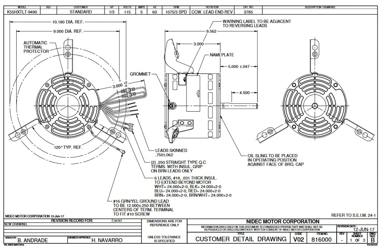 3785 Nidec | 1/3 Hp 1075 RPM 3-Speed 115V; 5.6" Blower Motor - Image 2