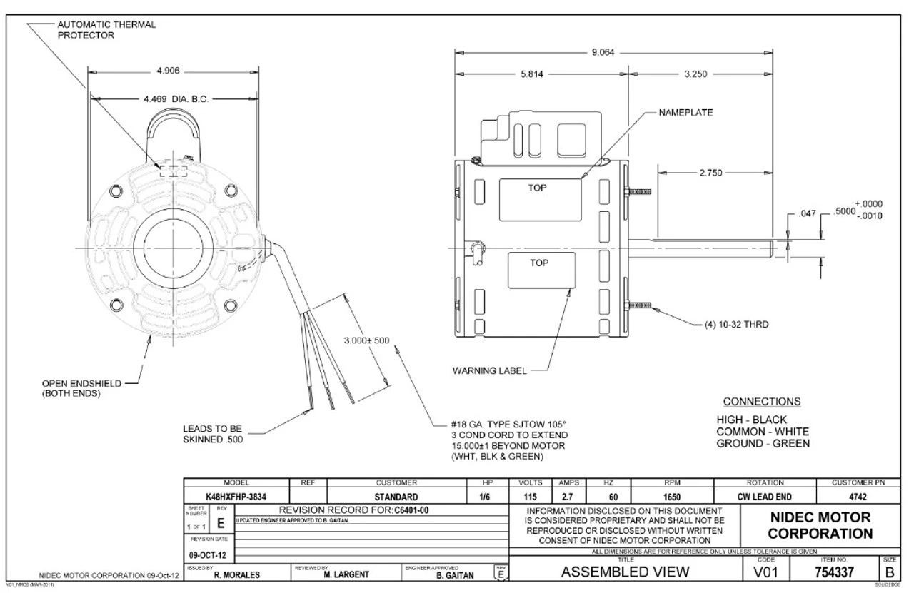 4742 Nidec | 1/6 Hp 1650 RPM 1-Speed 115V; 5.0" Blower Motor - Image 2