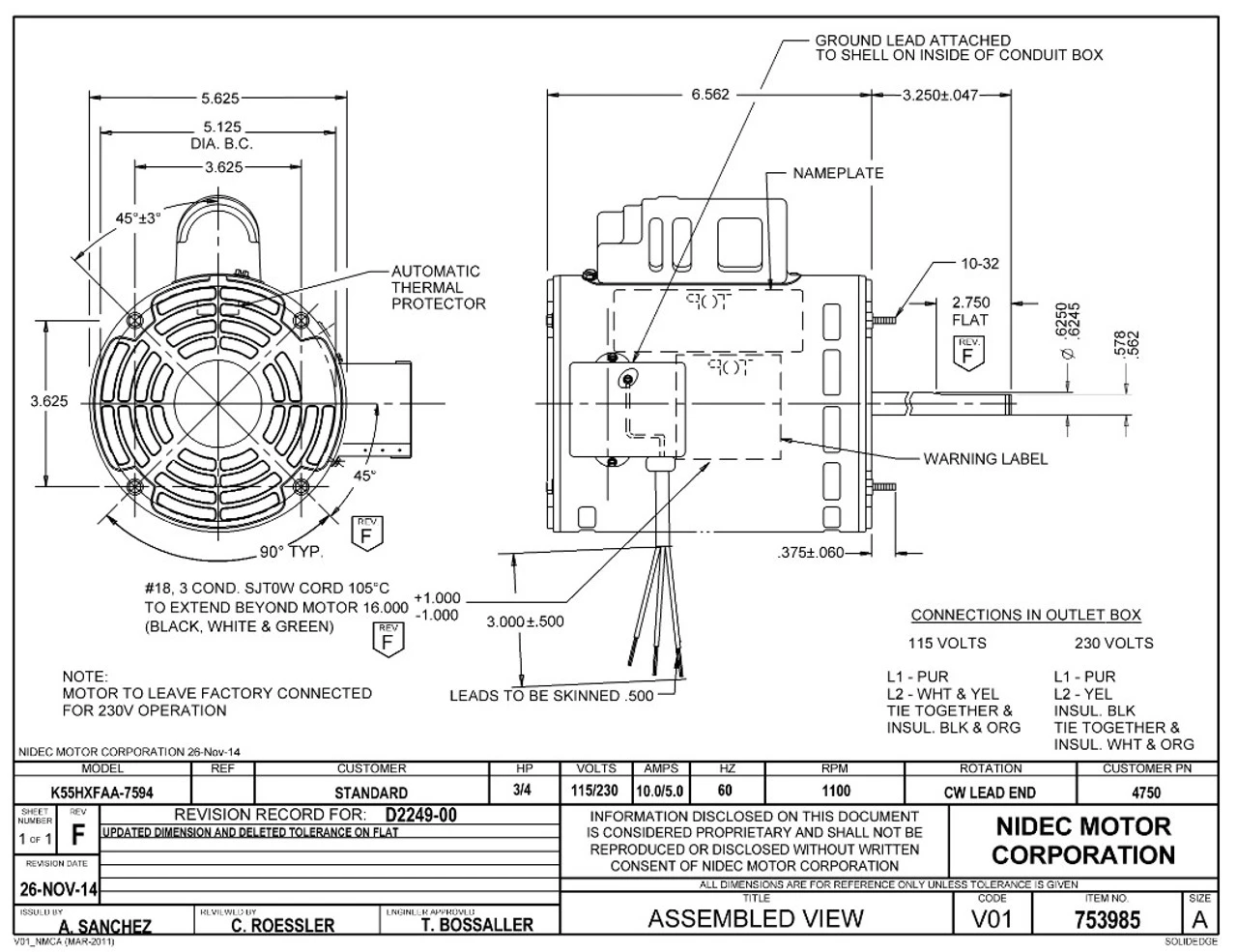 4750 Nidec | 3/4 Hp 1100 RPM 1-Speed 115/230V; 5.6" Blower Motor 4 4750 Nidec | 3/4 Hp 1100 RPM 1-Speed 115/230V; 5.6" Blower Motor - Image 2