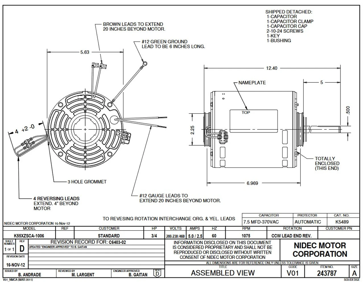 5489 Nidec | 3/4 Hp 1075 RPM 1-Speed 208-230/460V; 5.6" Condenser Motor 4 5489 Nidec | 3/4 Hp 1075 RPM 1-Speed 208-230/460V; 5.6" Condenser Motor - Image 2