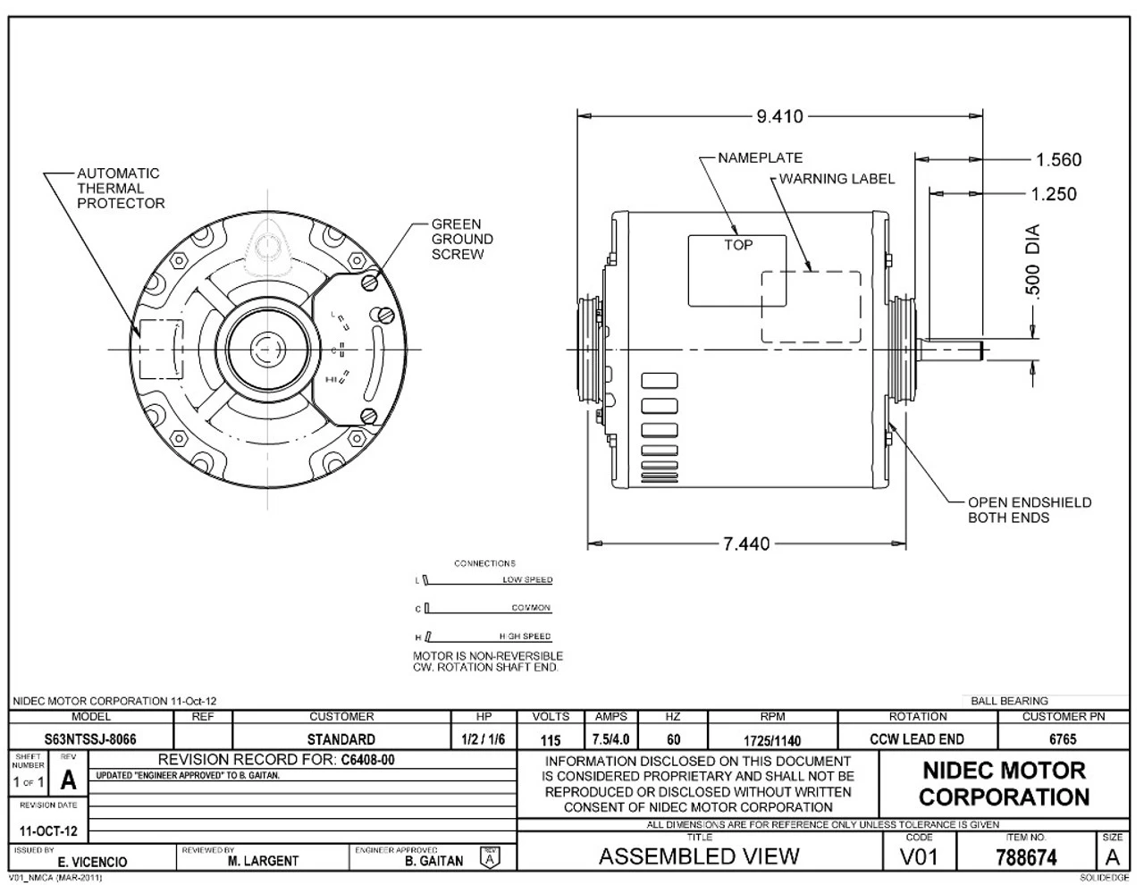 6765 Nidec | 1/2 Hp 1725/1140 RPM 2-Speed 115V; 6.5" Blower Motor - Image 2