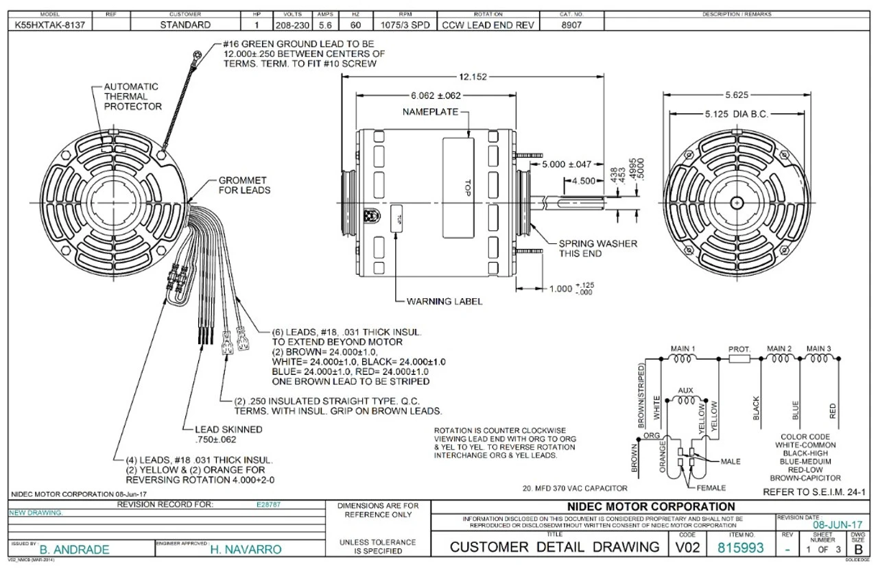 8907 Nidec | 1 Hp 1075 RPM 3-Speed 208-230V; 5.6" Blower Motor 4 8907 Nidec | 1 Hp 1075 RPM 3-Speed 208-230V; 5.6" Blower Motor - Image 2