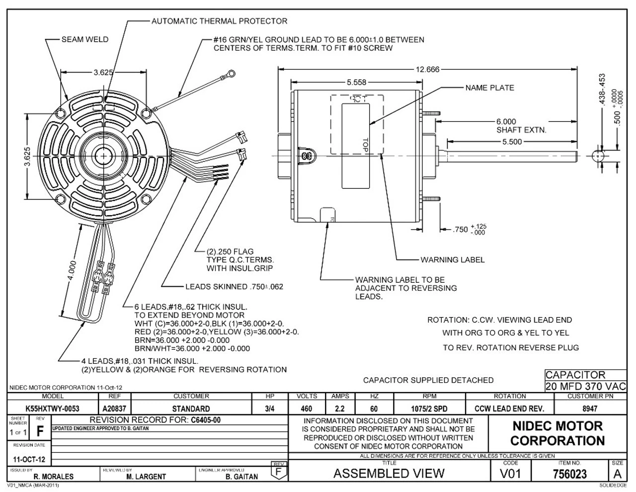 8947 Nidec | 3/4 Hp 1075 RPM 2-Speed 460V; 5.6" Blower Motor 4 8947 Nidec | 3/4 Hp 1075 RPM 2-Speed 460V; 5.6" Blower Motor - Image 2