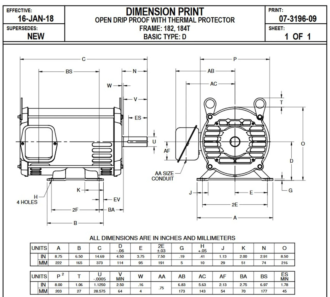 D3P2D Nidec | 3 Hp 1800 RPM 182T Frame 208-230/460V ODP Motor Electric Motor Nidec - Image 2