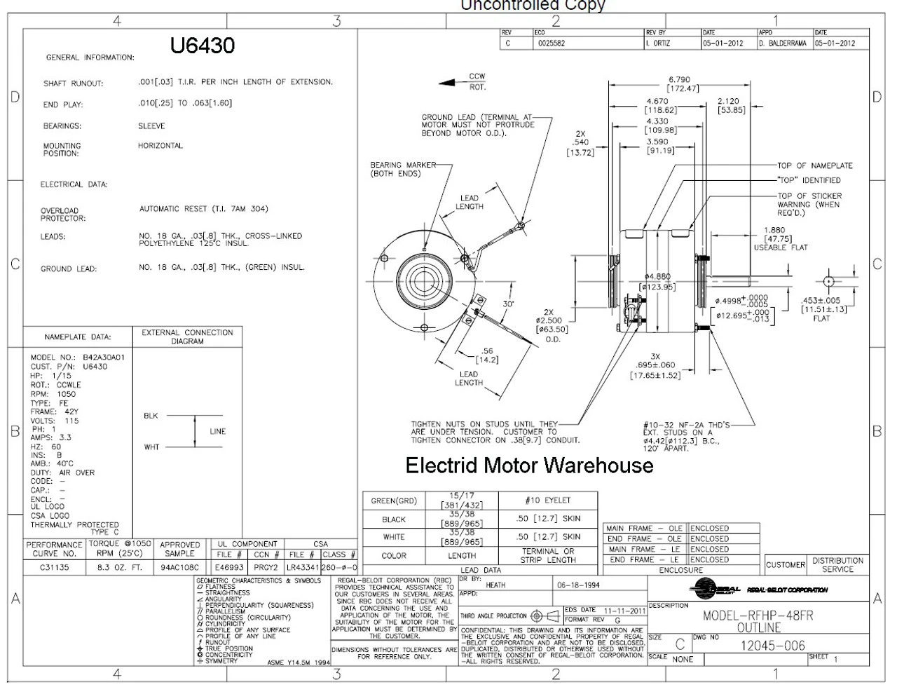 U6430 Century Unit Heater Motor 1/15 Hp 1050 RPM 1-Speed 5" Diameter 115V Century # U6430 5 U6430 Century Unit Heater Motor 1/15 Hp 1050 RPM 1-Speed 5" Diameter 115V Century # U6430 - Image 3