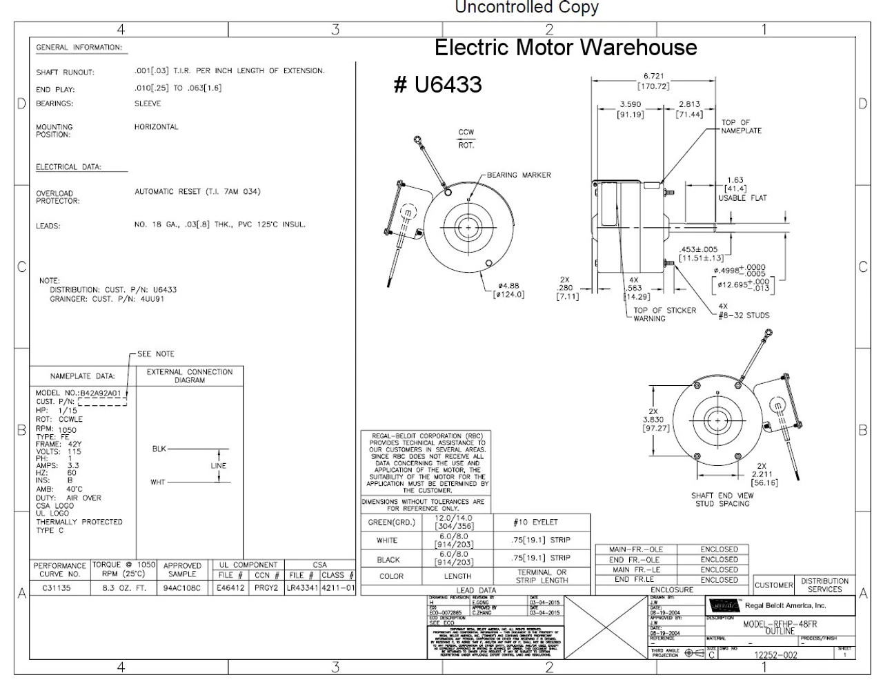 Fasco U6433 Motor | 1/15 Hp 1050 RPM 1-Speed 5" Diameter 115V 5 Fasco U6433 Motor | 1/15 Hp 1050 RPM 1-Speed 5" Diameter 115V - Image 3