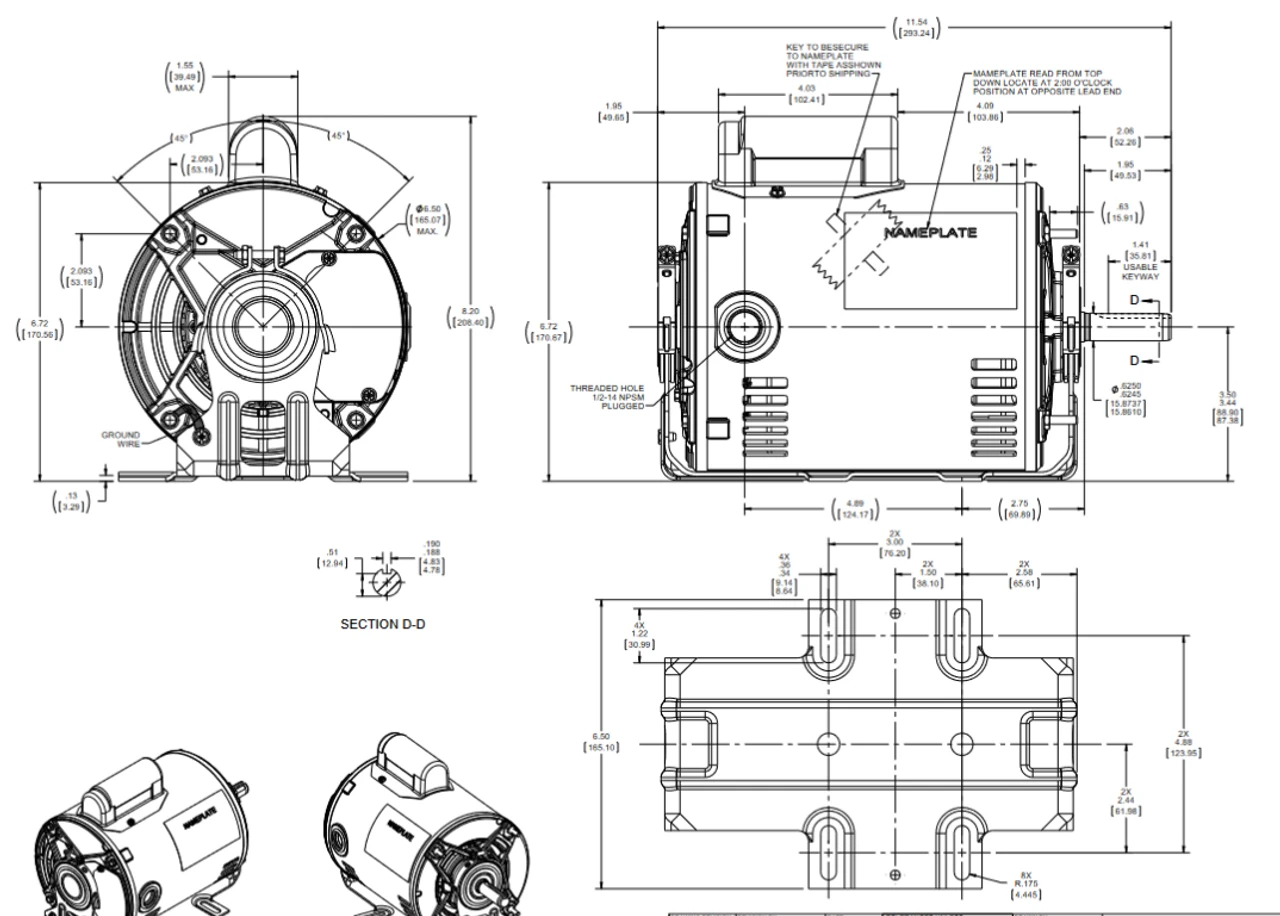 C419A Marathon 1/2 HP 1800/1200 RPM 2-Speed 115V 56 Frame ODP 1-Phase Blower Motor - Image 4