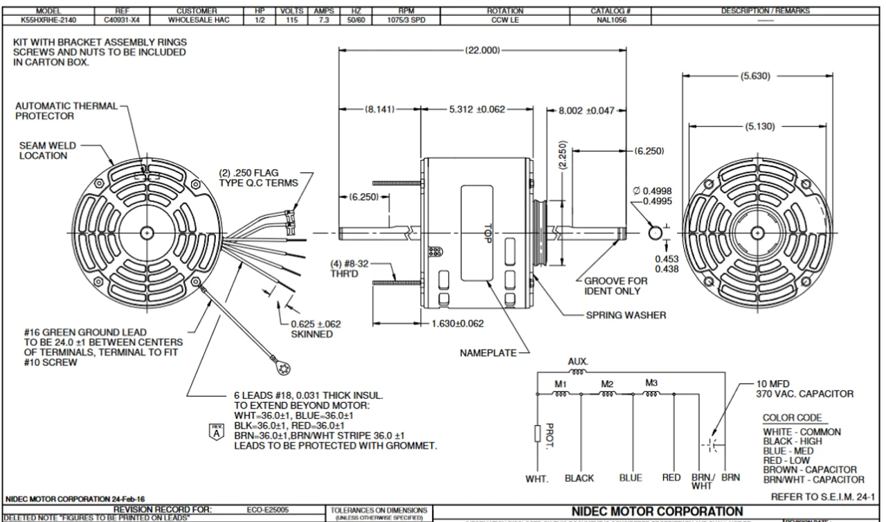 NAL1056 Nidec 1/2 Hp 1075 RPM 115V 5.6" Dia. (No Base) 3-Speed OAO Fan Motor - Image 2